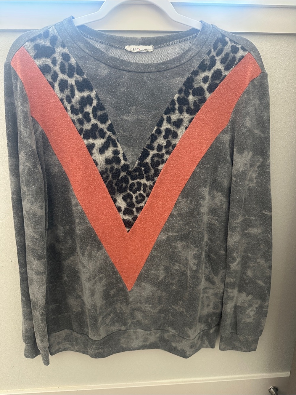 First Love Grey Tie-Dye Sweater with Coral V-Stripe and Leopard Inset